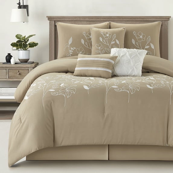 Lanco 7 Piece Taupe Comforter Set, King Size Chain Stiching Embroidery Bedding, All Season Floral Leaves Bedding Set, Bed Skirt, Pillows & Shams