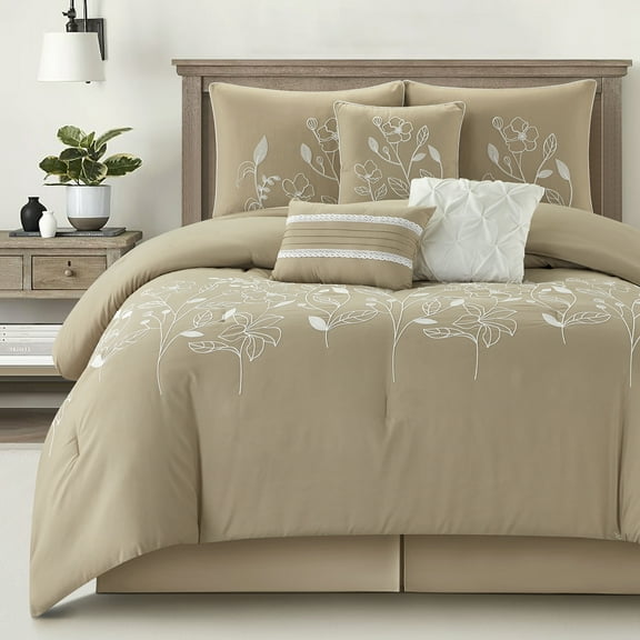 Lanco 7 Piece Taupe Comforter Set, Queen Size Chain Stiching Embroidery Bedding, All Season Floral Leaves Bedding Set, Bed Skirt, Pillows & Shams