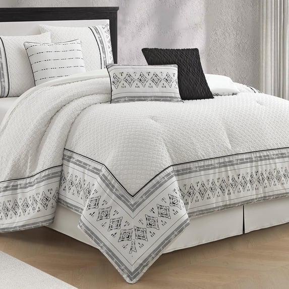 Lanco 7 Piece White Black Comforter Set, California King Size Clip & Microfiber Print Bedding Set, All Season Geometric Bedding, Matching Pillows , Shams , Bed Skirt