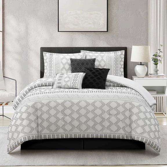 Lanco 7 Piece White Black Comforter Set, King Size Clip Bedding Set, All Season Geometric Bedding Set, Matching Pillows , Shams , Bed Skirt