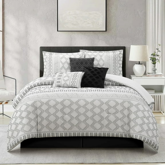 Lanco 7 Piece White Black Comforter Set, Queen Size Clip Bedding Set, All Season Geometric Bedding Set, Matching Pillows , Shams , Bed Skirt