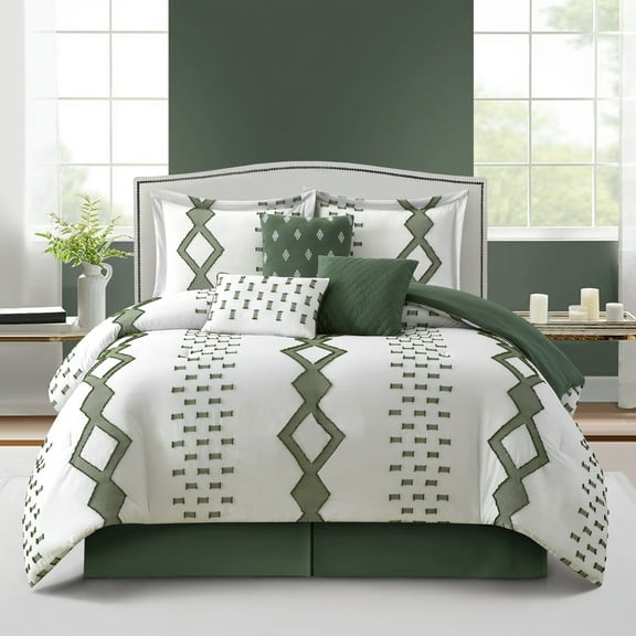Lanco 7 Piece White Green Comforter Set, Queen Size， All Season Geometric Pattern Bedding Set, Matching Bed Skirt, Pillows & Shams