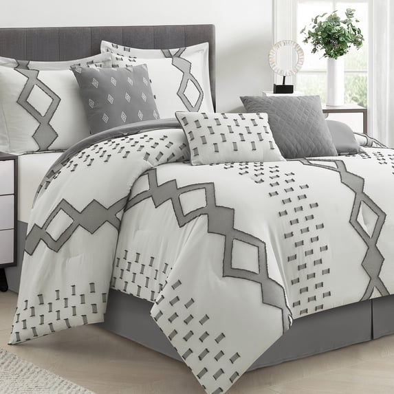 Lanco 7 Piece White Grey Comforter Set, King Sizeï¼ All Season Geometric Pattern Bedding Set, Matching Bed Skirt, Pillows & Shams