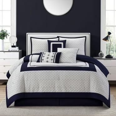 Lanco 7 Piece White Navy Comforter Set, California King Size Quilting with matching solid piece work, All Season Geometric Bedding, Matching Pillows , Shams , Bed Skirt