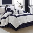 thumbnail image 1 of Lanco 7 Piece White Navy Comforter Set, California King Size Quilting with matching solid piece work, All Season Geometric Bedding, Matching Pillows , Shams , Bed Skirt, 1 of 7