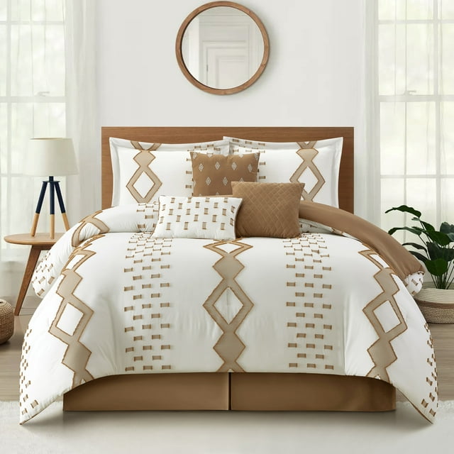 Lanco 7 Piece White Taupe Comforter Set, King Size, All Season Geometric Pattern Bedding Set, Matching Bed Skirt, Pillows & Shams