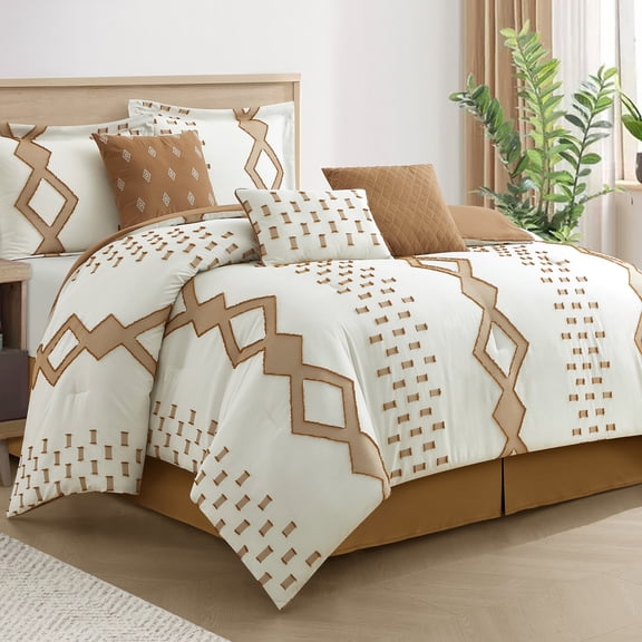 Lanco 7 Piece White Taupe Comforter Set, Queen Sizeï¼ All Season Geometric Pattern Bedding Set, Matching Bed Skirt, Pillows & Shams