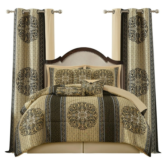 Lanco 9-Piece Black Gold Skirt Comforter Bedding Sets, King