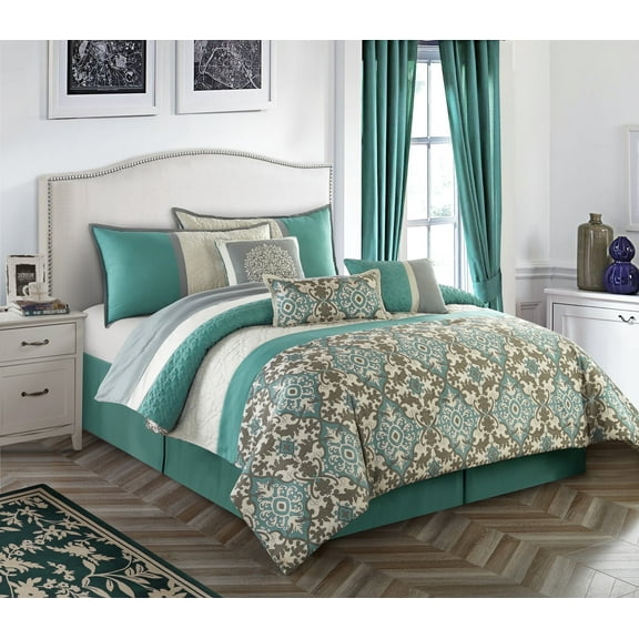 Lanco Alecia Paisley 7-Piece Comforter Set, Teal/Ivory, California King, 100% Polyester Fill, All Season