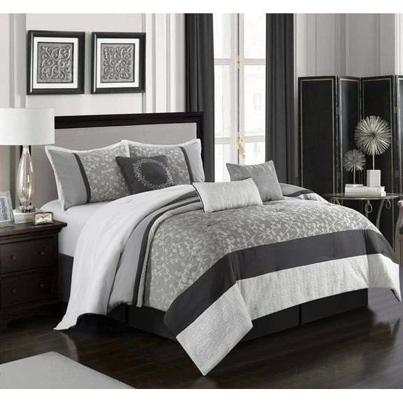 Lanco Alexa Floral Grey 7-Piece Comforter Set, Grey, King, Fill Polyester, Leaves