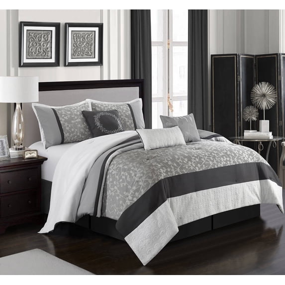 Lanco Alexa Leaves Grey 7-Piece Comforter Set, Grey, Queen, Fill Polyester