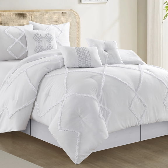 Lanco 7 Pieces White Comforter Set, Queen Size, 3D Clip Jacquard Bedding Set for All Seasons, Ultra Soft and Fluffy, Matching Pilllow Shams, Bedskirt and Decor Pillows