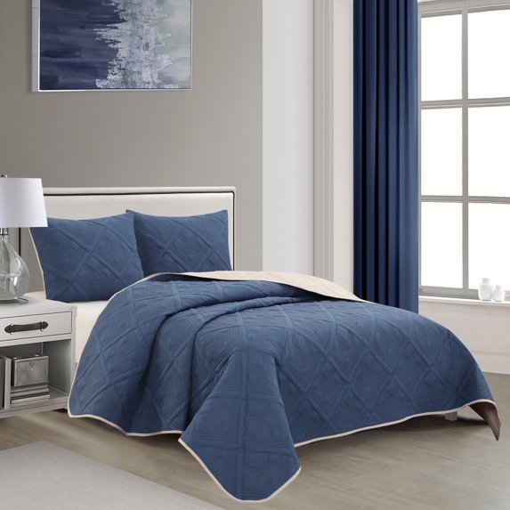 Lanco All Season Beige Navy Reversible Quilt Set With 2 Pillow Shams , King Size Diamond Pattern Bedspreads & Coverlet