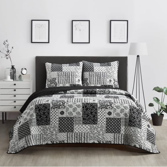 Lanco All Season Floral Printing 3 Piece Quilt Set , King Size Black White Quilt With Pillow Sham , Bedspreads & Coverlets