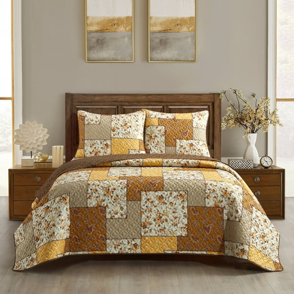 Lanco All Season Gold Floral 3 Piece Quilt Set King Size , An Array Of Tossed Flower Coverlet , Pillow Shams , Bedding Set