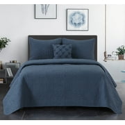 Lanco All Season Navy Quilt Set Queen Size , Ultra-Soft Bedspread , 2 Pillow Shams , Floral Decorative Pillow