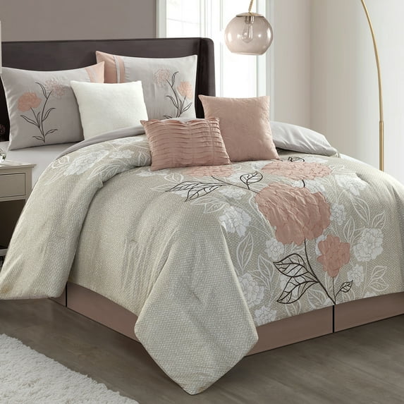 Lanco Anemone Floral 7 Piece Comforter Set Blush, Bed Size King, Fill Polyester