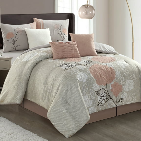 Lanco Anemone Floral 7 Piece Comforter Set Blush, Bed Size Queen, Fill Polyester