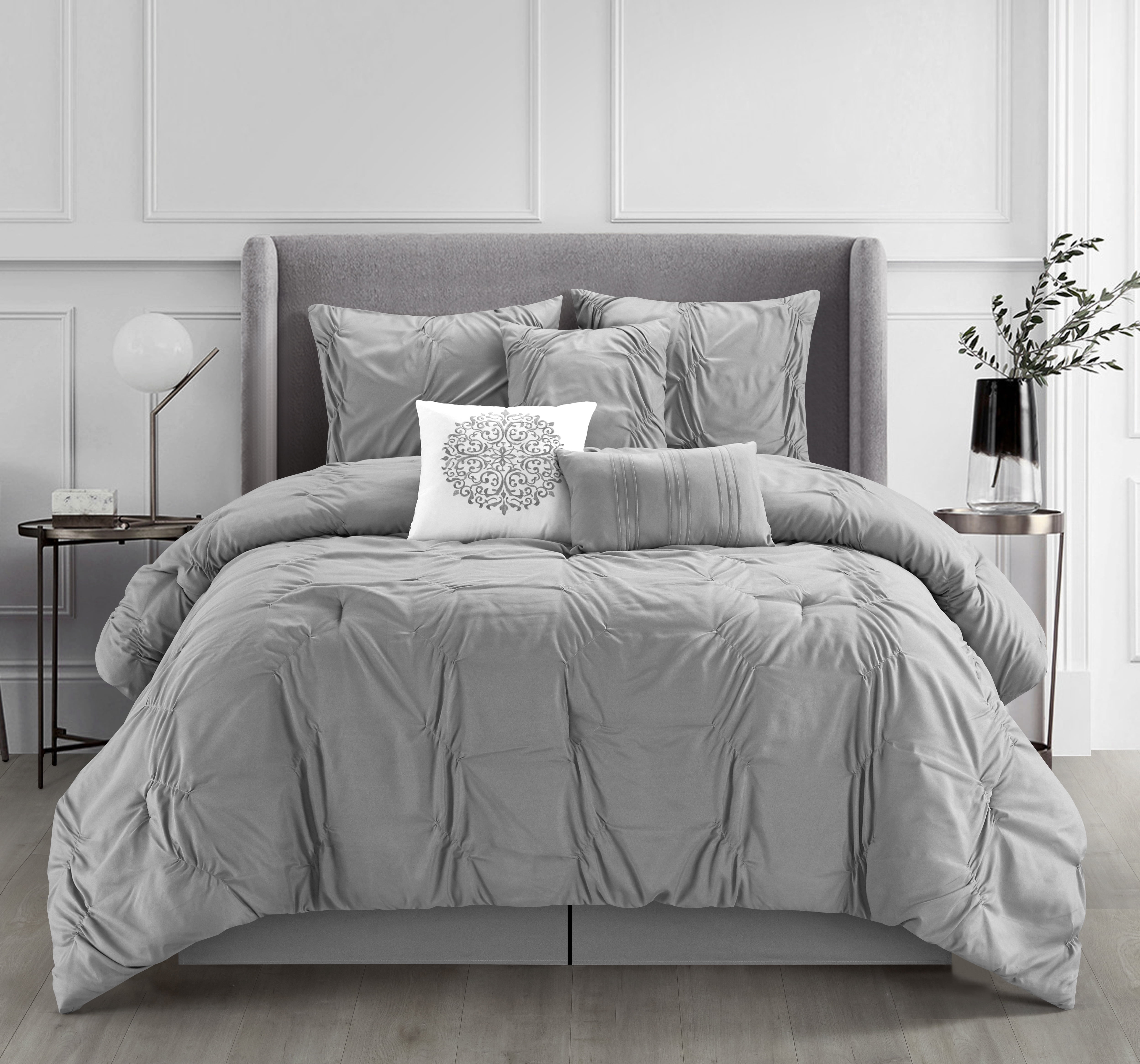 Lanco Annabelle Solid 7 Piece Comforter Set Grey, Bed Size King, Fill 100% Polyester