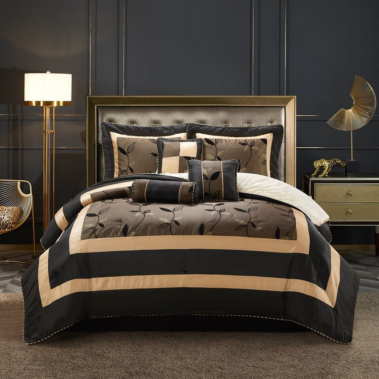 Lanco Arielle Classic Floral 7-Piece Bedroom Bedding Comforter Set,  Bronze/Brown Black Beige, Bed Size Queen, 100% Polyester Fill