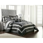 Lanco Arielle Floral Classic 7-Piece Comforter Bedding Set, Silver/Black/Gray, Bed Size California King, 100% Polyester Fill