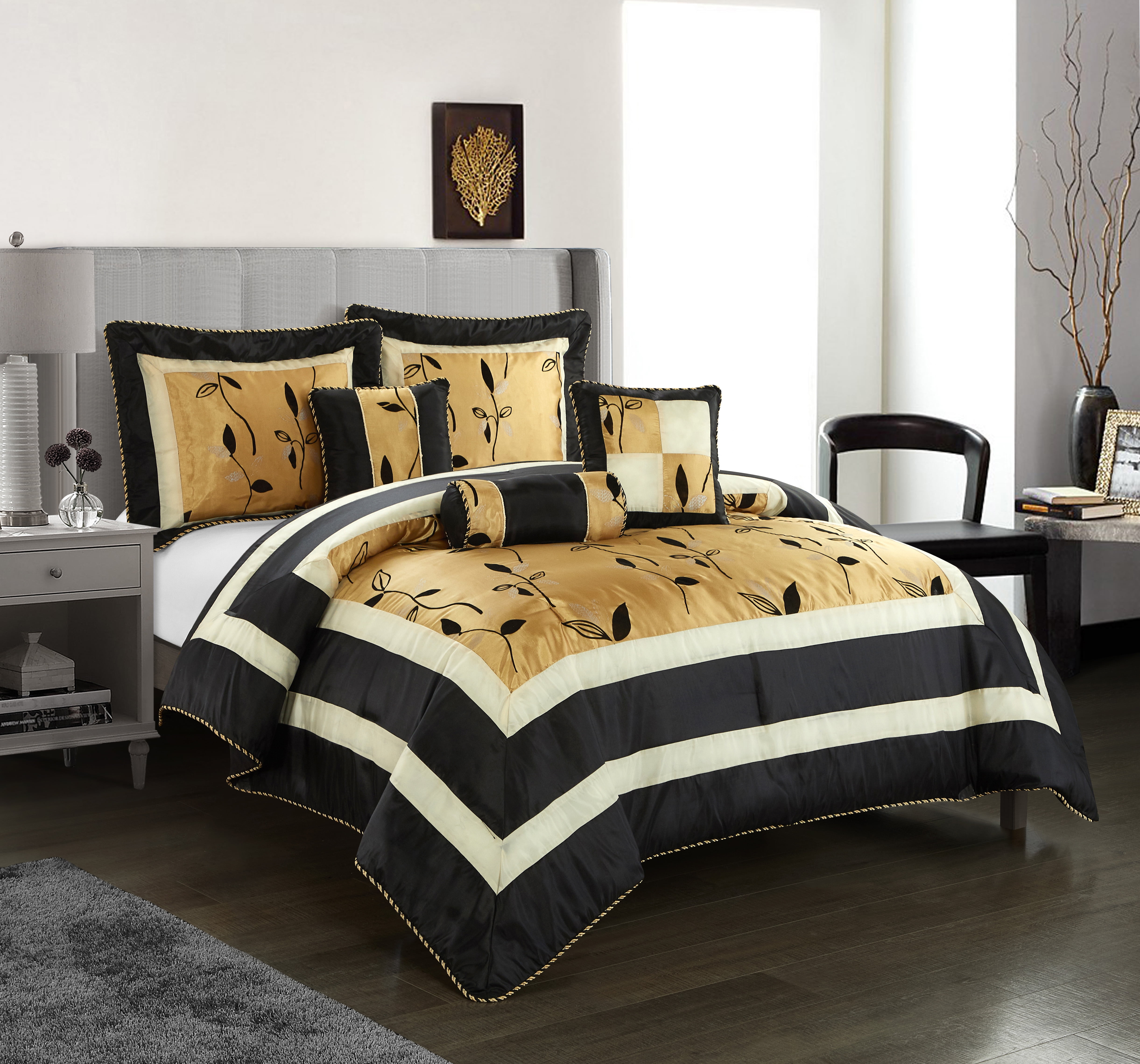 Lanco Arielle Leaves 6-Piece Comforter Bedding Set, Black/Gold, Bed ...
