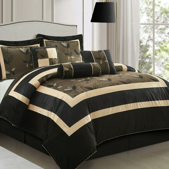 Lanco Arielle Plants 7-Piece Short Plush Print Comforter Set, Bronze, Bed Size California King, Fill Polyester, Leaves