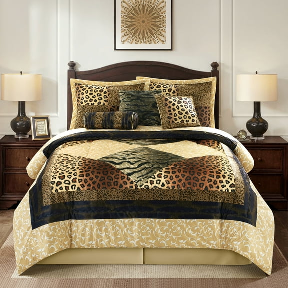 Lanco Aris Leopard Print 7-Piece Comforter Set, Brown And Black, Bed Size King, 100% Polyester, Abstract