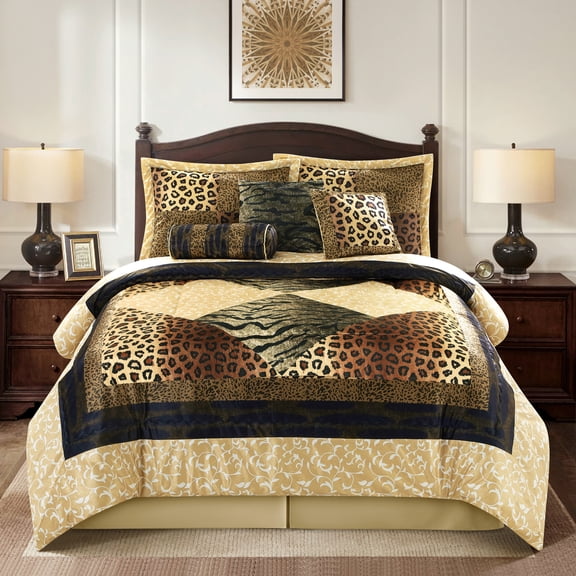 Lanco Aris Leopard Print 7-Piece Comforter Set, Brown, Black, California King, Fill 100% Polyester, Abstract