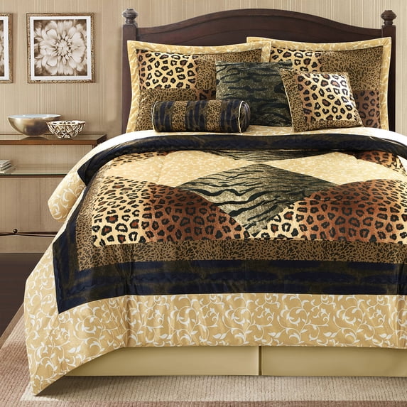 Lanco Aris Leopard Print 7-Piece Comforter Set, Brown, Black, California King, Fill 100% Polyester, Abstract