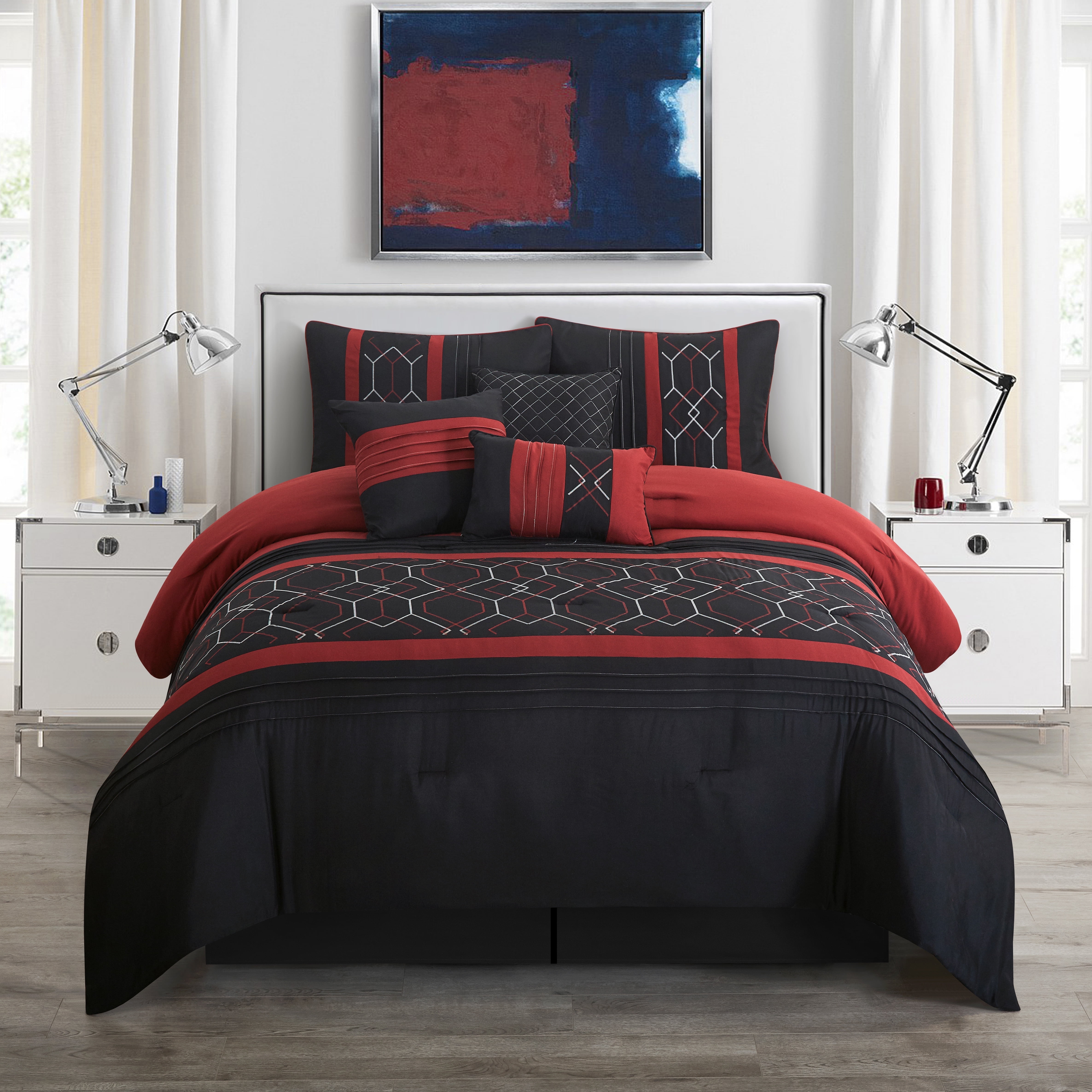 Queen Black and Red Microfiber Geometric Comforter Set
