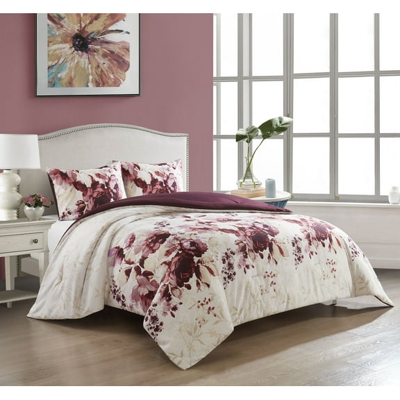 Lanco Avril Floral 3-Piece Reversible Comforter Set, Queen, White Burgundy, Beautiful Floral Printing, 100% Polyester Fill
