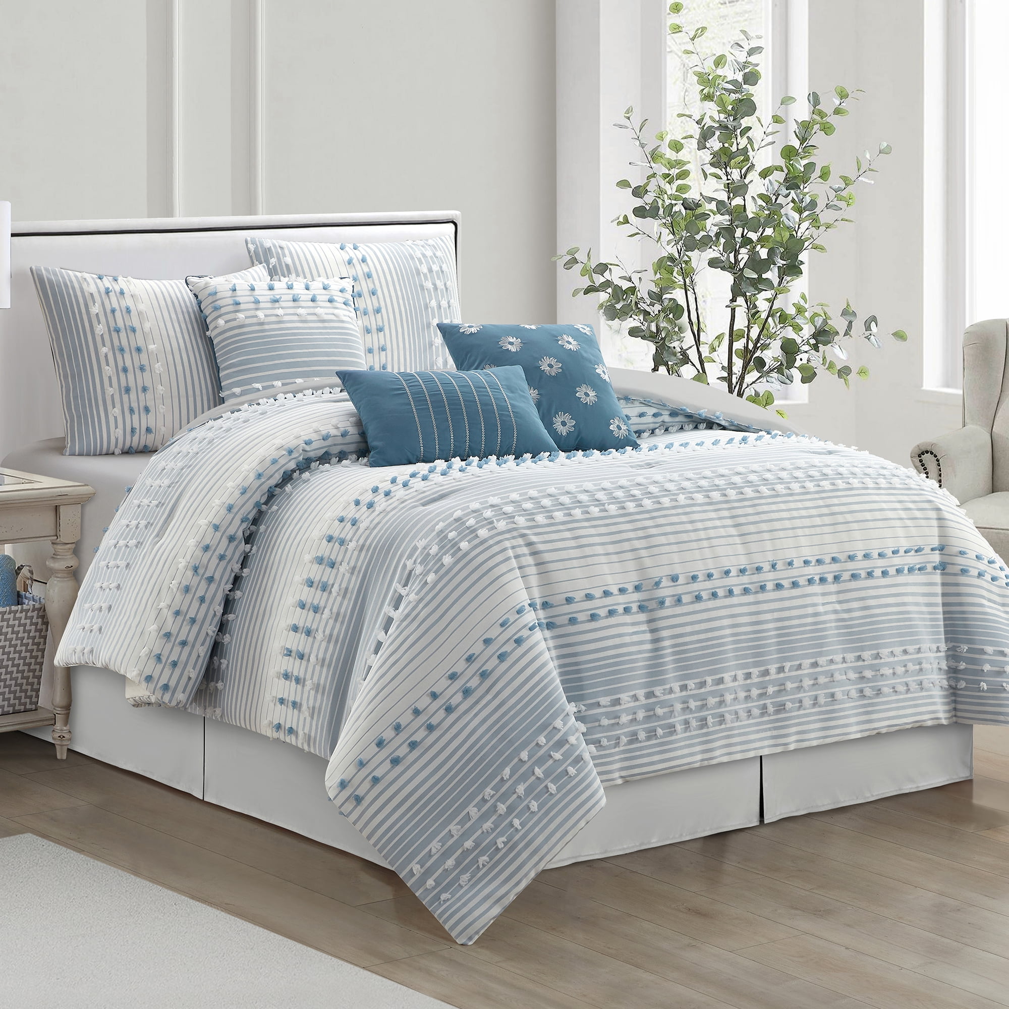 Lanco Azure Comforter Set Queen Size , 7 Piece Clip & Jacquard Soft Bedding Set , All Season