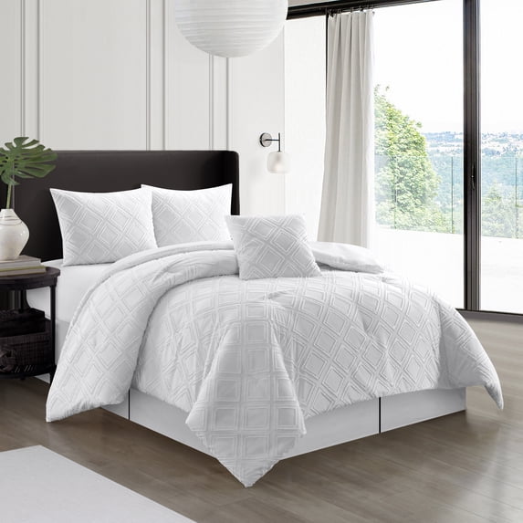 Lanco Beauty Squares 5 Piece Comforter Set, White, California King, Fill Polyester, Solid