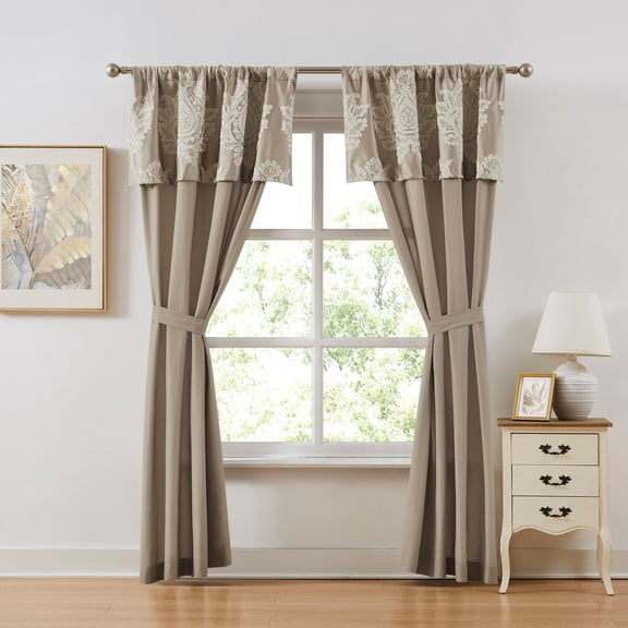 Lanco Beige Curtain 42Wx84L, Rod Pocket Window Curtains for Bedroom Living Room, 2 Panels, Panels with Attached Jacquard valances