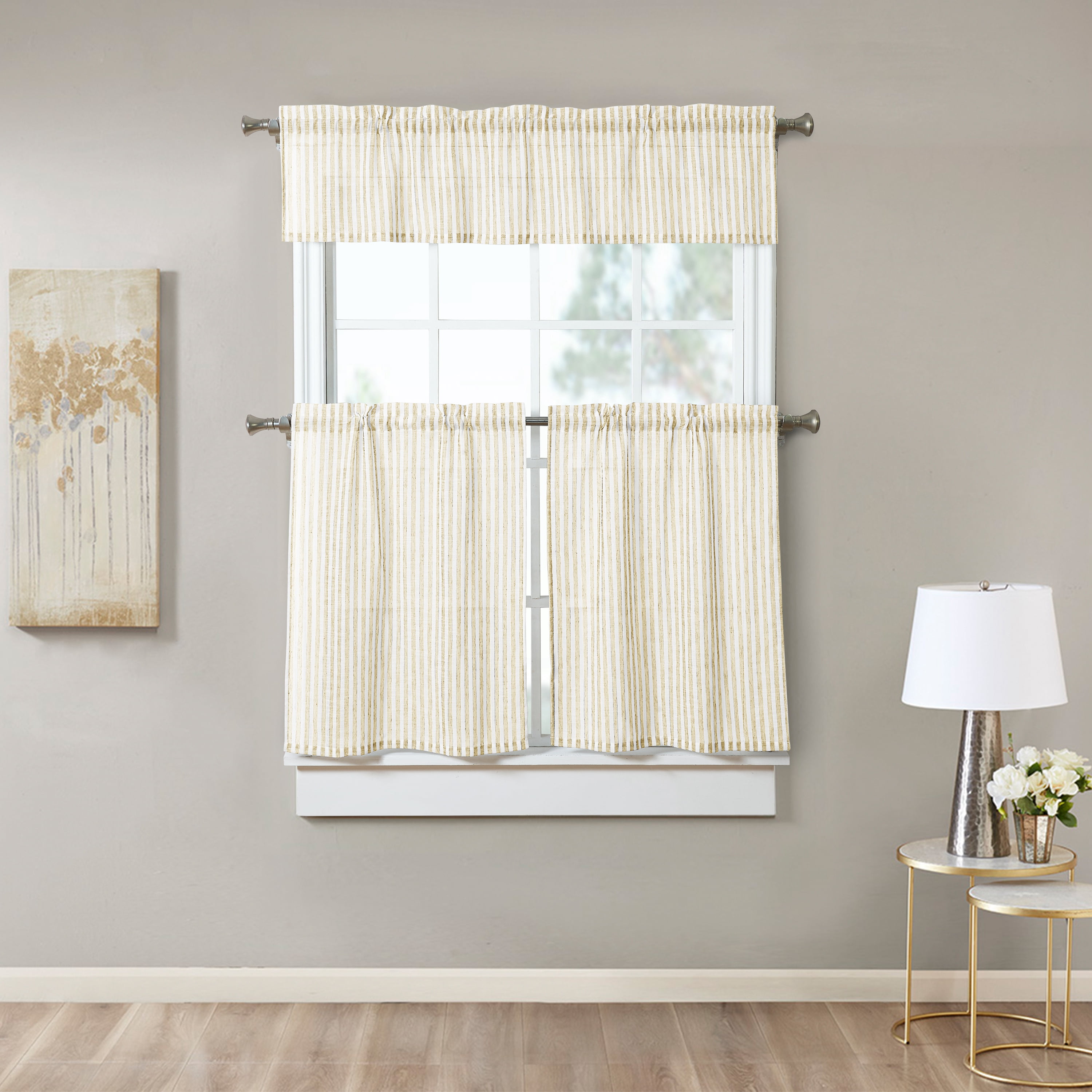 Lanco Beige Kitchen Curtains and Valances Set , 3 Pieces Striped Tier Curtain Set Cafe Curtains