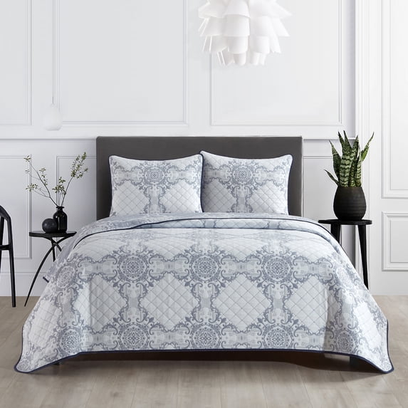 Lanco Beige Navy 3 Piece Quilt Set, Bed Size Queen , Microfiber Double Pinsonic Quilting , Bedspread Sets for All Season
