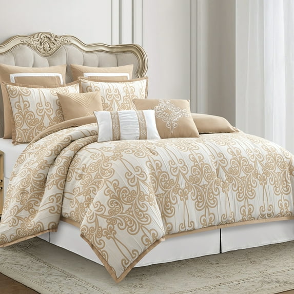 Lanco Beige and Gold Comforter Set Queen Size, 9 Piece Jacquard Floral Bedding Set, All Season, Ultra-Soft, Matching Pillows & Shams, Bed Skirt