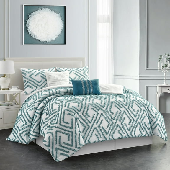 Lanco Bella Shabby Chic 6-Piece Comforter Set, White/Jade, Queen, Fill Polyester, Solid Color