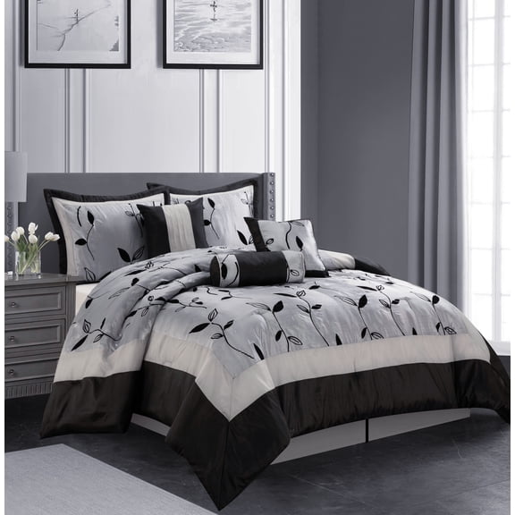 Lanco Black Flower Faux Silk 7 Piece Comforter Set, Silver, Queen, Leaves, 100% Polyester & Fill