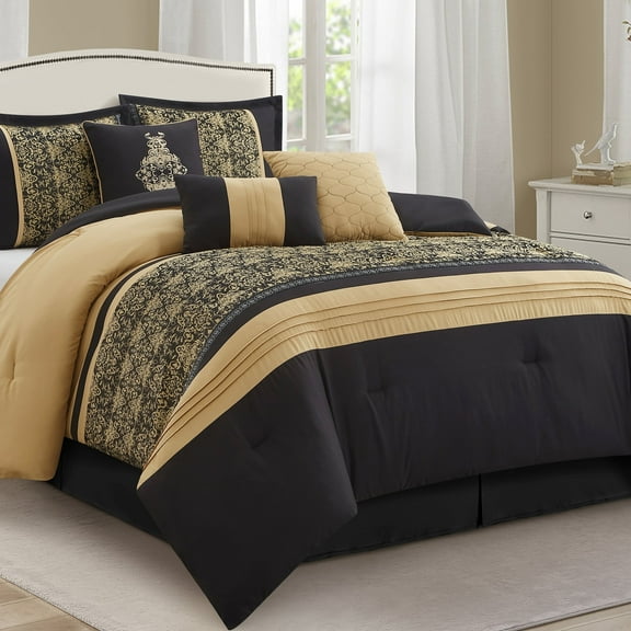 Lanco Black Gold Comforter Set California King Size, 7 Piece, Jacquard Home Decor, Matcking Bed Skirt, Pillows & Shams, All Season Bedding Set