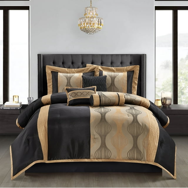 Lanco 7Piece Comforter Bedding Set California King Size, Black Gold