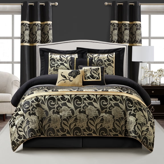 Lanco Black and Gold Comforter Set California King Size, 9 Piece Jacquard Floral Bedding Set, All Season, Ultra-Soft, Matching Pillows & Shams, Bed Skirt, Curtains