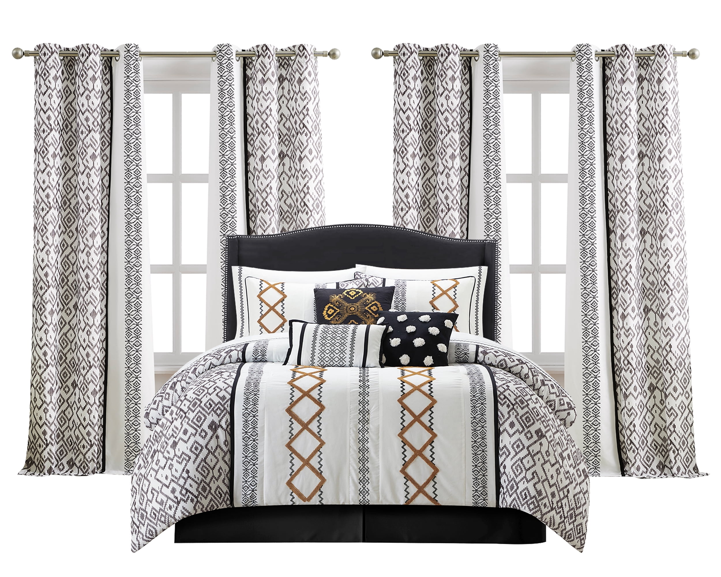 Lanco Black Gold Comforter Set Queen Size, 15 Piece Terry Embroidery