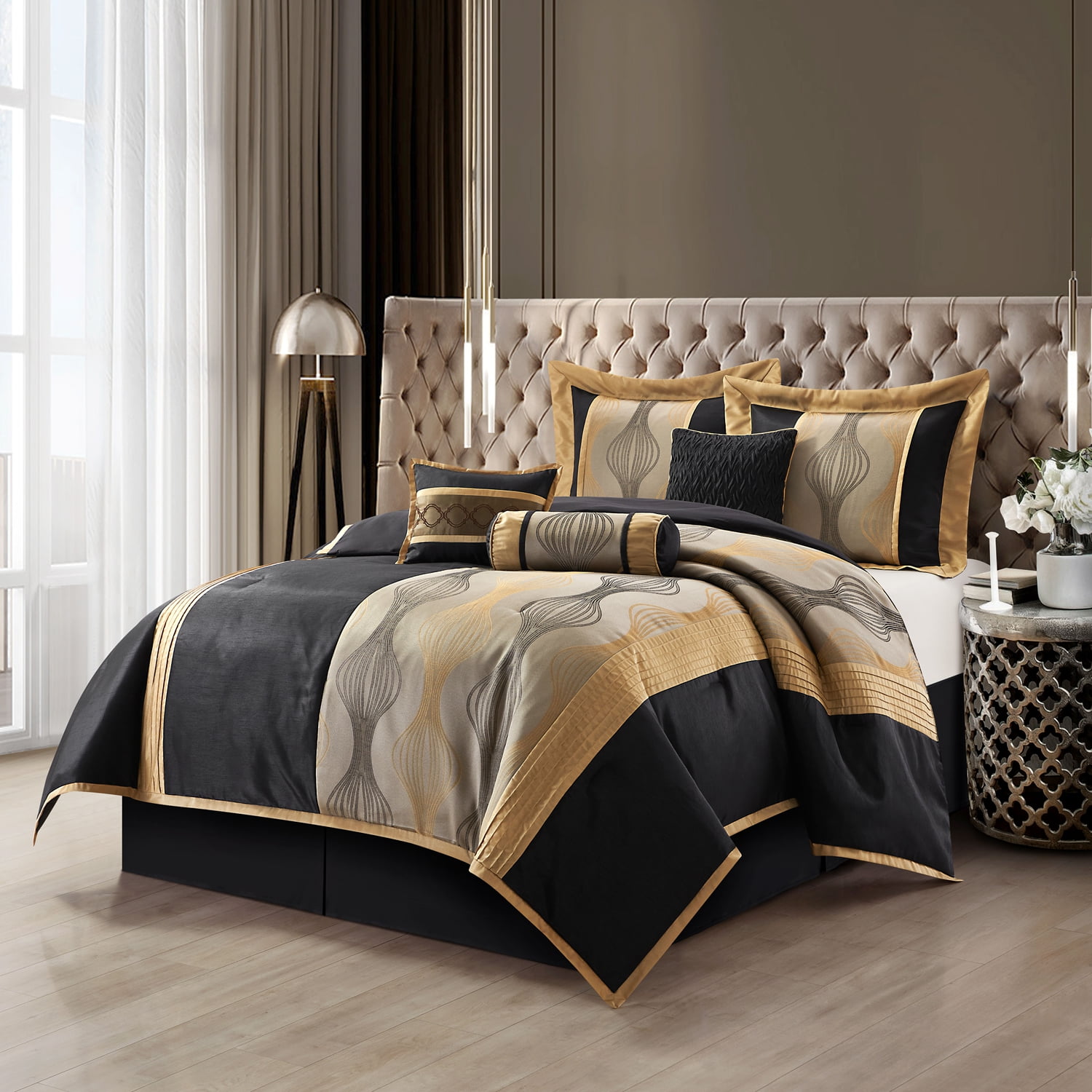 Lanco Black Gold Comforter Set Queen Size 7 Pieces Fashion Jacquard