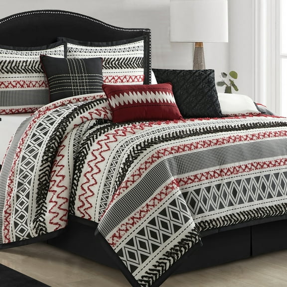 Lanco Black Red Comforter Set California King Size , 7 Piece Jaquard and Clip Soft Bedding Set , All Season