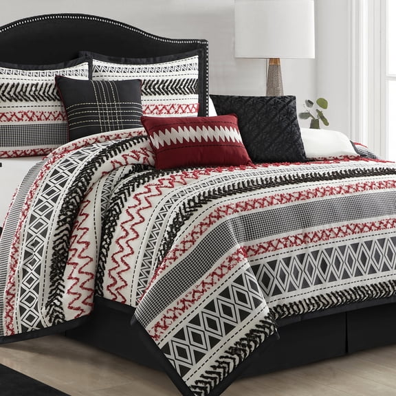 Lanco Black Red Comforter Set Queen Size , 7 Piece Jaquard and Clip Soft Bedding Set , All Season