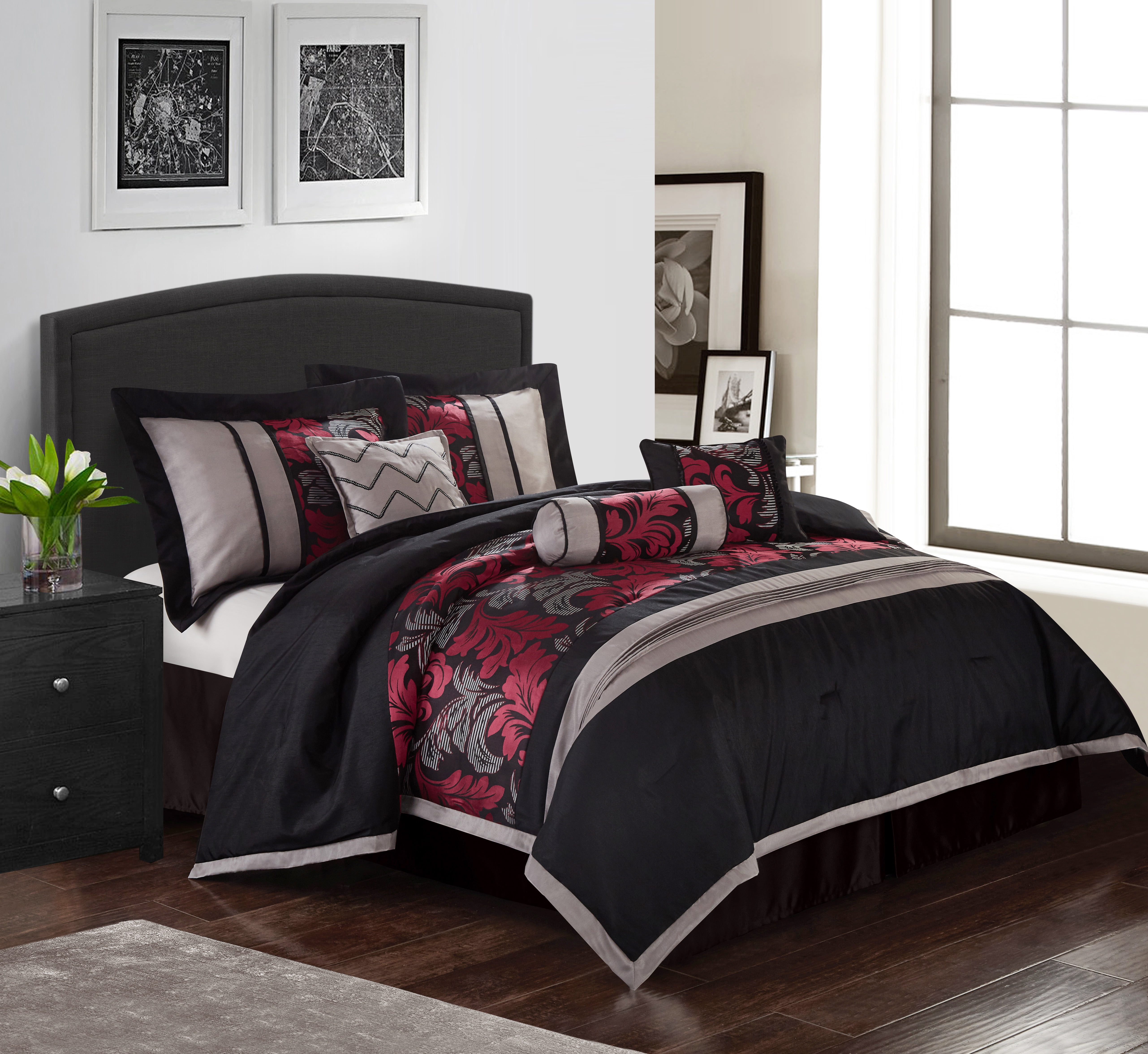 Lanco 7-Piece California King Seasonal Bedding Set - Black/Red Wine ...