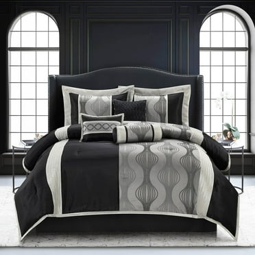 Lanco Black Silver Comforter Set , California King Size , 7 Pieces Fashion Jacquard Bedding Set