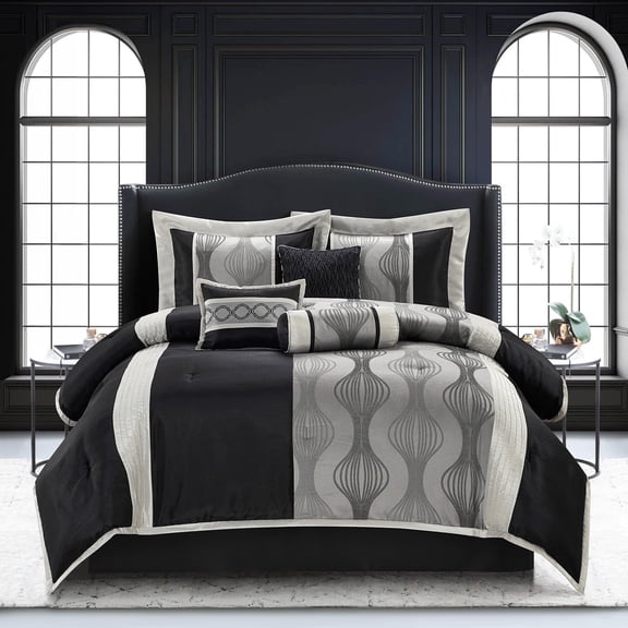 Lanco Black Silver Comforter Set , Queen Size , 7 Pieces Fashion Jacquard Bedding Set
